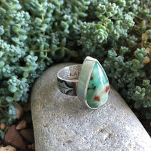 Load image into Gallery viewer, Side view of Chrysoprase Holly Ring, details of stamping and handcut holly leaf size 6.75