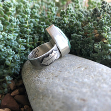 Load image into Gallery viewer, Back ringband view of Chrysoprase Holly Ring, details of stamping, size 6.75