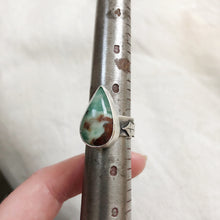 Load image into Gallery viewer, Chrysoprase Holly Ring viewed on size mandrel, size 6.75