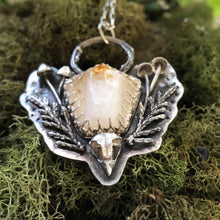 Load image into Gallery viewer, Close up of owl skull and ferns in silver citrine necklace
