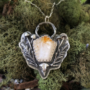 Citrine and Quartz with mushroom forest and owl skull necklace in silver
