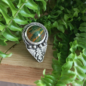 front view of white oak inspired ring with jasper stone in sterling silver