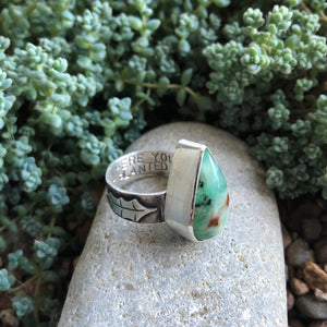 Side view of Chrysoprase Holly Ring, details of stamping and handcut holly leaf size 6.75