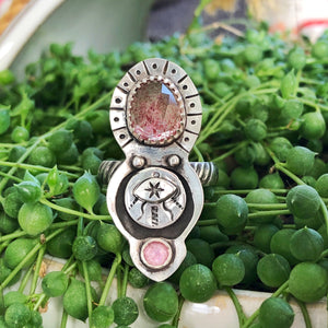 Strawberry quartz talisman protective eye silver ring