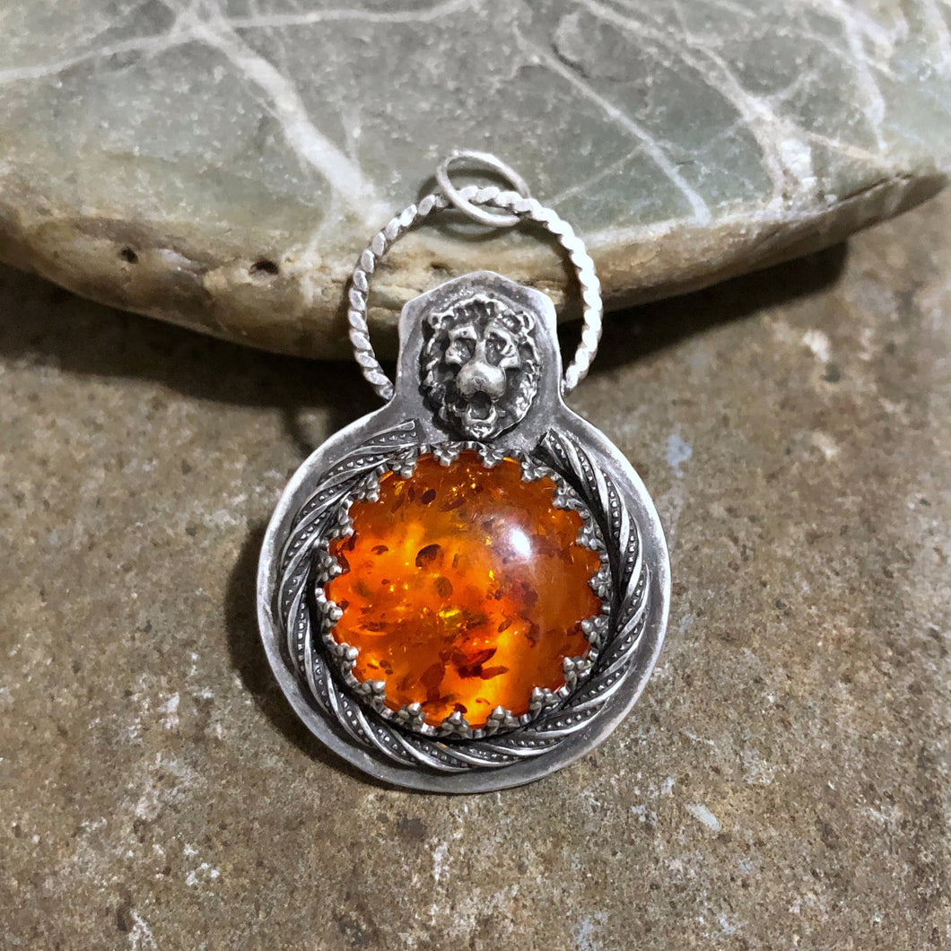 Amber and silver gothic lion talisman necklace