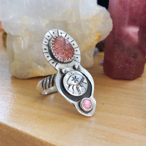 Healing Heart ring hand stamped sterling silver pink tourmaline and strawberry quartz