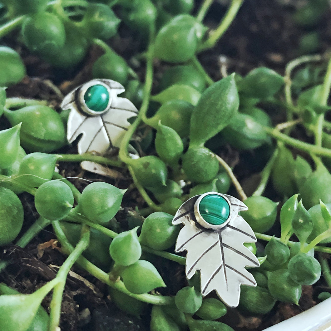 Malachite Leaf Earrings in sterling silver