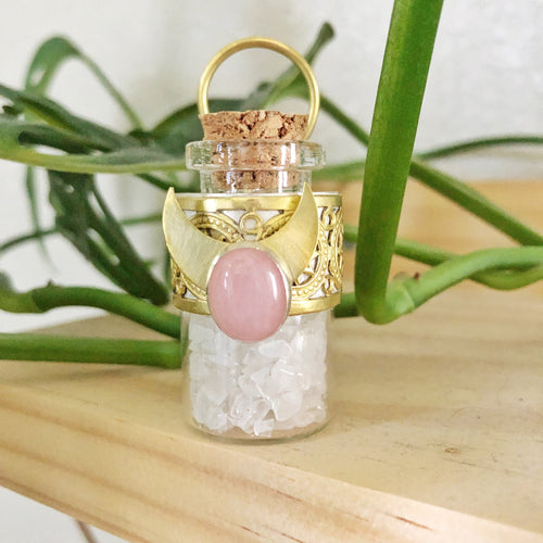 Pink and Clear Quartz Crystal Moon Jar and Necklace