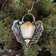 Load image into Gallery viewer, Citrine and Quartz with mushroom forest and owl skull necklace in silver
