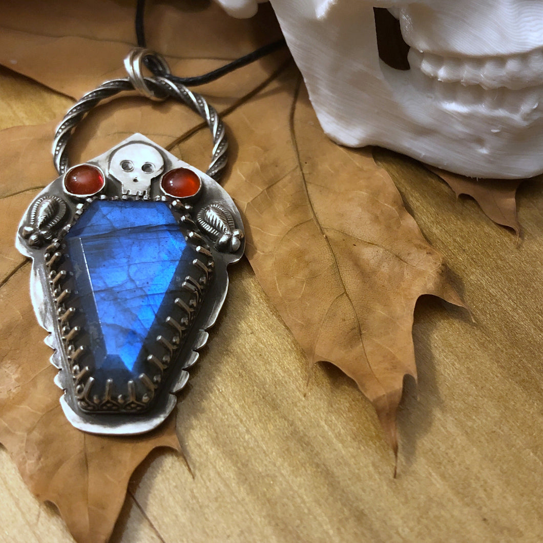 Blue Labradorite and carnelian coffin jewelry sterling silver pendant